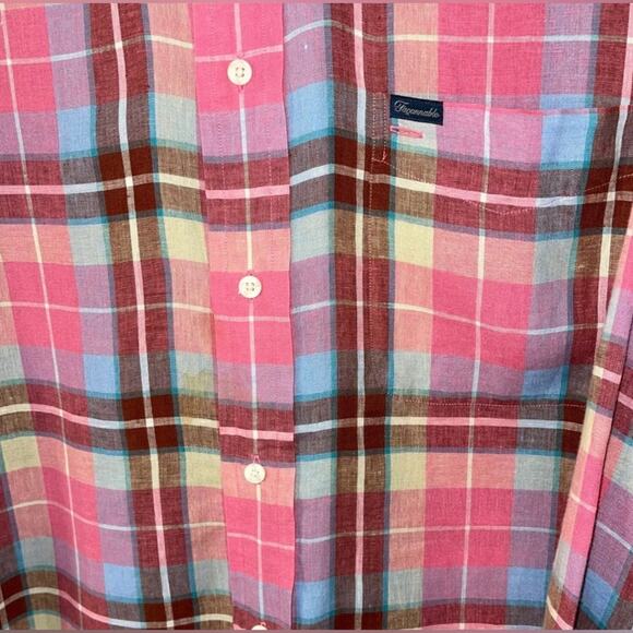 Faconnable Men’s Large Linen Pink Plaid Button Down Shirt in Preloved Condition - Picture 8 of 11